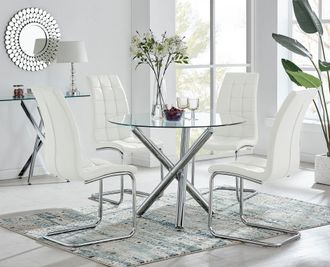 Furniturebox Selina Round Glass Chrome Leg Dining Table & Murano Chairs in Off-White | Size: 4 Person