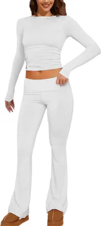 Generic Trouser Suit Womens Elegant 2-Piece - Long Sleeve Crop Top and Low Rise Flare Pants Yoga Tracksuit Lounge Set Pyjamas Loungewear Pyjamas Y2k Flared Tr