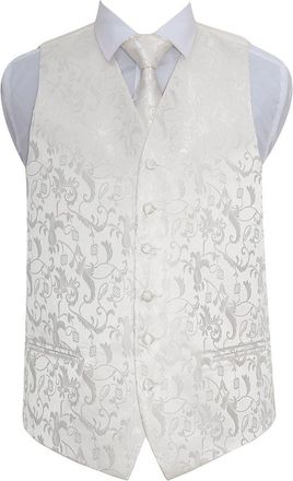 DQT Mens Passion Floral Wedding Waistcoat Neck Tie & Hanky - Ivory 46 - 3XL