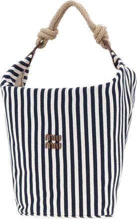 Miu Miu Womens Striped Canvas Bucket Bag Navy