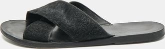 Ancient Greek Sandals Black Calf Hair Crisscross Flat Slides