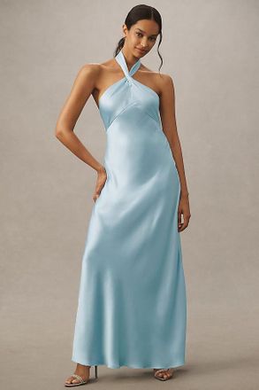 BHLDN Selma Halter-Neck High-Shine Satin Maxi Dress