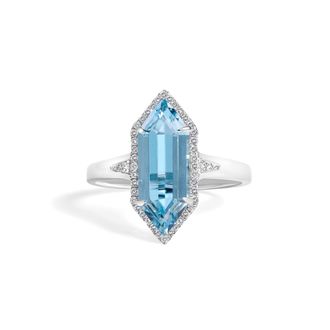 House of Brilliance 10K White Gold Blue Topaz Hexagon and 1/5 Cttw Diamond Halo Ring