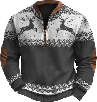 Generic Christmas Jumpers for Men Half Zip Up Mens Sweatshirts Xmas Reindeer Printed Ugly Christmas Sweater 1/4 Zipper Long Sleeve Pullover Fashion Holiday Sw