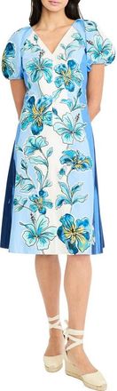 Maggy London Floral Print Fit & Flare Dress in Deep Blue/aqua at Nordstrom, Size 14