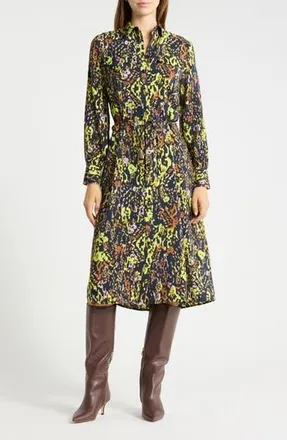 Ichi Animal Print Long Sleeve Shirtdress in Total Eclipse Animal at Nordstrom Rack, Size 10 Us / 42 Eu