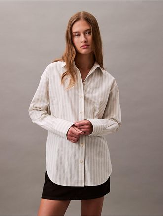 Calvin Klein Womens Cotton Stretch Stripe Relaxed Button-Down Shirt - Neutral - XS