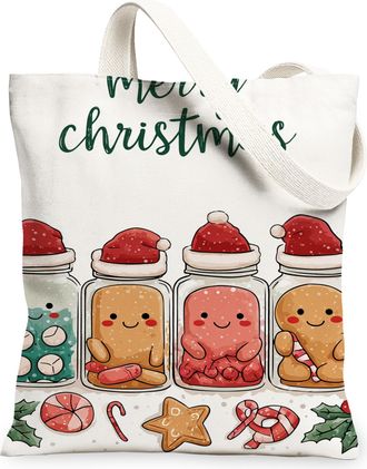 Generic Christmas Gingerbread Canvas Tote Bags, Festive Biscuits Design, Reusable Grocery Bags, Lightweight Washable Canvas for Tra, White, 13x15 Inch