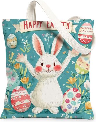 Generic Easter Bunny Floral Canvas Tote Bags, Cute Rabbit & Egg Pattern Reusable Bags, Spring Vintage Lightweight Washable Shoulder, Teal, 13x15 Inch