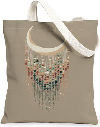 Generic Bohemian Moon Canvas Tote Bags, Artistic Hanging Beads Pattern Reusable Grocery Bags, Lightweight Washable Shoulder Strap C, Beige, 13x15 Inch