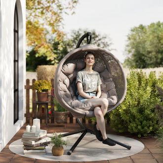 OUTSUNNY Hanging Swing Chair w/ Metal Stand & Side Pocket in Brown