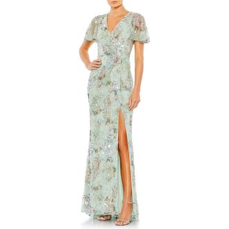 Mac Duggal Embellished Butterfly Sleeve Faux Wrap Gown in Seamist at Nordstrom, Size 20
