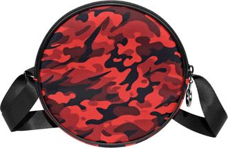 Generic Circle Crossbody Bag for Women, Red Camouflage Small Sling Bag Daypack with Zipper Adjustable Shoulder Straps Casual Ladies Girls Round Purse