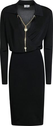 Elisabetta Franchi Fitted Black Knit Collared Mini Dress