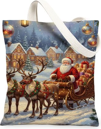 Generic Christmas Reindeer Canvas Tote Bags, Vintage Holiday Design Lightweight Washable Grocery Bags, Festive Seasonal Shoulder St, Red, 13x15 Inch