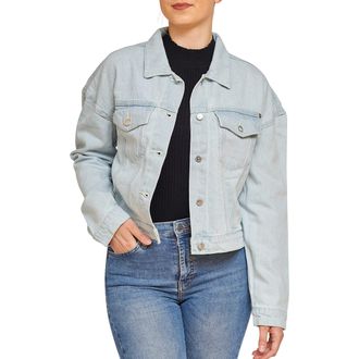 Generic Oversized Denim Jackets Women, Cropped Fit Heavy Stone Wash Ladies Jeans Top Girls Long Sleeve Casual Outwear - Baby Blue - 3X-Large
