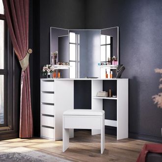 Elegant Lighting Elegant - Bedroom Furniture Corner Dressing Table Makeup Desk with 3 Large Mirrors 5 Drawers, White Dresser Set with Stool