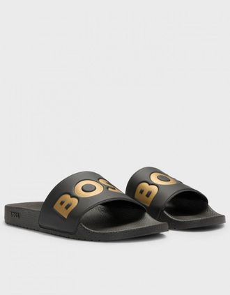 HUGO BOSS Mens BOSS Orange Aryeh Mens Italian-Made Slides with Large Logo Detail NOS - Black 007 - Size: 10