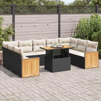 vidaXL Set Sof&aacute;s Jard&iacute;n Y Cojines 10 Pzas Rat&aacute;n Sint&eacute;tico Acacia Negro Vidaxl