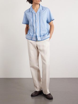 Bode Ribbon Plaid Camp-Collar Satin-Trimmed Cotton-Poplin Shirt