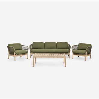 Sklum Conjunto de jardín con sofá de 3 plazas, 2 sillones y mesa de centro en aluminio y madera de acacia Karvia SKLUM