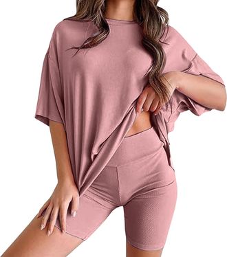 Generic 2 Piece Outfits for Women, Womens Tracksuits Size 16 Shorts, Boat Neck Short Sleeve Tops High Waist Slim Fit Pants Stretchy Shorts Yoga Sets for Women