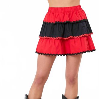 Peach Love California Color Block Tiered Mini Skirt In Red/black