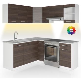 Vicco Cucina ad angolo Rick, Bianco/grigio prezioso, 187 x 167 cm, pl Marmo con striscia led