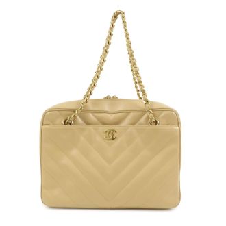 Chanel Vintage Pocket Camera Chevron Lambskin Beige Leather Handbag (Pre-Owned)