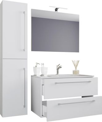 ebuy24 Ebuy24 - Vcm 5pcs Lavabo Lavabo Gabinete Inferior Ancho 60 Cm Muebles De Ba&ntilde;o Conjunto Con Cajones Espejo De Puertas Giratorias Badinos (blanco)