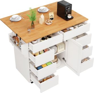 STILVORA Carro De Cocina Con 8 Cajones, Armario, Tablero Abatible Y Ruedas, Mdf, 122 X 46 X 91,5 Cm, Blanco