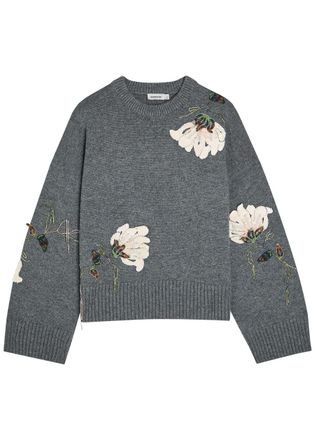 SIMKHAI Dawna Floral-embellished Wool-blend Jumper - Grey - S (UK8-10 / S)