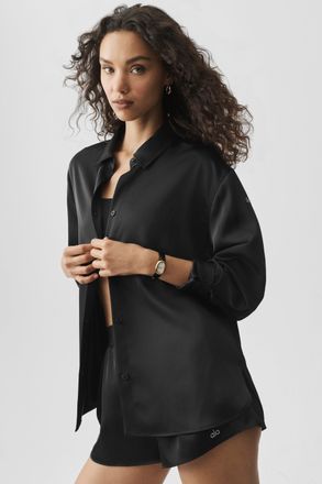Alo | Satin Smooth Talker Button Up Top in Black, Size: Medium