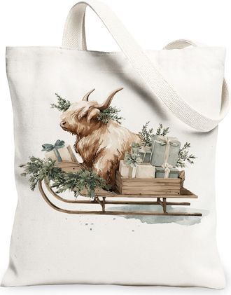Generic Goat Canvas Tote Bags, Rustic Animal Design Reusable Grocery Bags, Winter Vintage Lightweight Washable Shoulder Strap, White, 13x15 Inch