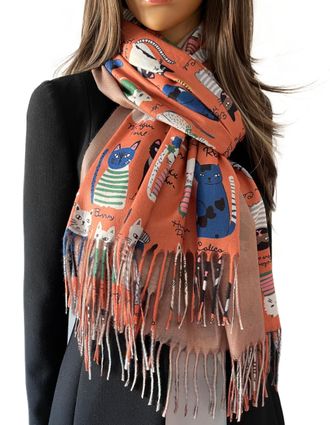 The Accessory Co. Cat Print Womens Scarf - Lightweight Cotton Shawl Wrap, Fun Cat Design, Ideal for Spring, Summer, Autumn & Winter - Perfect for Birthdays, Mothers Day