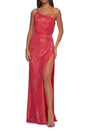 La Femme One Shoulder Sequin Dress with Circle Cut Out in Neon in Hot Coral at Nordstrom, Size 4