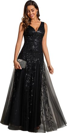 Ever-pretty Womens Evening Dresses Gorgeous A Line Sequin Embroidered Deep V-Neck Prom Dress Mother of The Bride Black 12UK