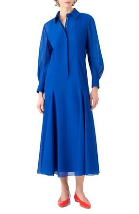 Akris Godet Flared Long Sleeve Cotton Voile Shirtdress in Lapis Blue at Nordstrom, Size 10