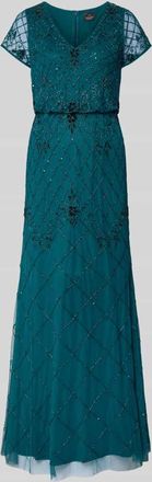 Adrianna Papell Abendkleid mit V-Ausschnitt und Perlenbesatz in Petrol, Größe 38