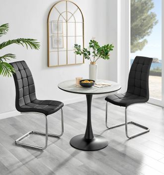 Furniturebox Elina White Marble Effect Scratch Resistant Dining Table & 2 Murano Faux Leather Chairs in Black