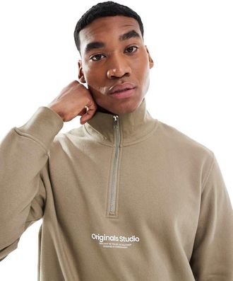 Jack & Jones 1/4 zip sweat with logo in sage-Neutral