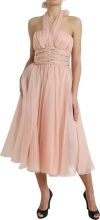 Dolce & Gabbana Womens Pink Silk Chiffon Halter A-Line Pleated Midi Dress