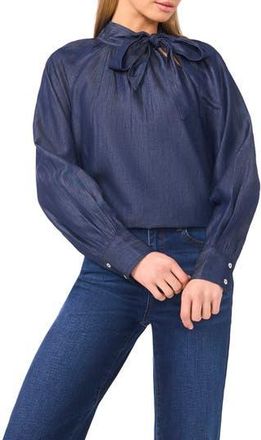 CeCe by Cynthia Steffe Denim Tie Neck Top in Classic Navy at Nordstrom Rack, Size Xx-Small