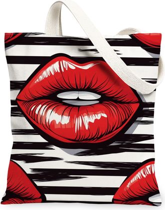 Generic Red Lips Canvas Tote Bag, Stylish Striped Reusable Grocery Bags, Summer Fashionable Lightweight Washable Shoulder Strap Canvas Bags for Travel Beach P