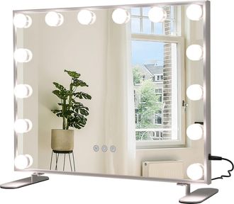 Costway Costway - Espejo Maquillaje Con Luz 14 Led, 2 En 1 Espejo De Mesa & De Pared, Espejo De Tocador Rectangular Con 3 Modos De Iluminaci&oacute;n De Color & Cont