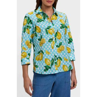 Foxcroft Hampton Lemon Linen Blend Shirt in Blue Multi at Nordstrom, Size X-Small
