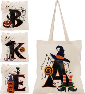 Generic Halloween Initial Tote Bags Gifts for Girl Boy - 15x16 Personalised Trick or Treat Bag Pumpkin Party Canvas Shoulder Bag C1 (Initial A)