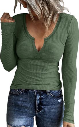Generic Ladies Long Sleeve Thermal Vests Heated Body Warm Womens Sexy Long Sleeve U Neck Slim Round Neck Ribbed Knit Solid Color Base T Shirt Insulated Fleece