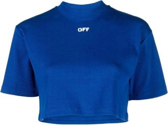 Off-white Womens Stamp Ribbed Cropped T-shirt - Blue Cotton - Size X-Small