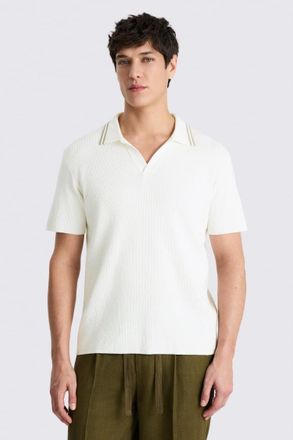 Moss Off White Ribbed Boucl&eacute; Skipper Polo Shirt